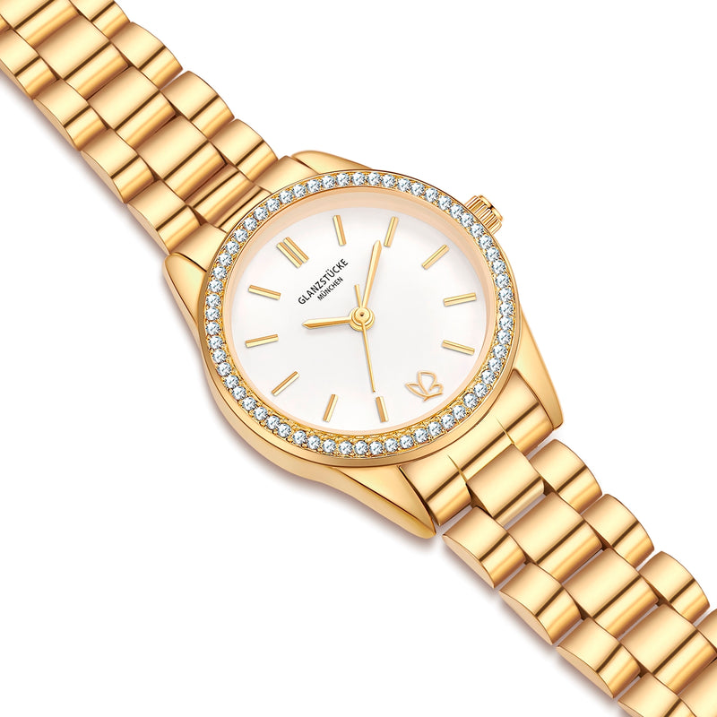 Damen Uhr Lehel weiß mit Edelstahl-Armband gold
