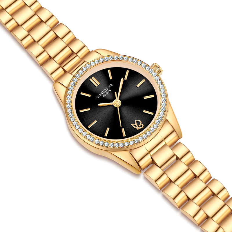 Damen Uhr Lehel schwarz mit Edelstahl-Armband gold