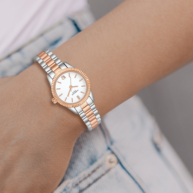 Damen Uhr Schwabing weiß mit Edelstahl-Armband silber/roségold