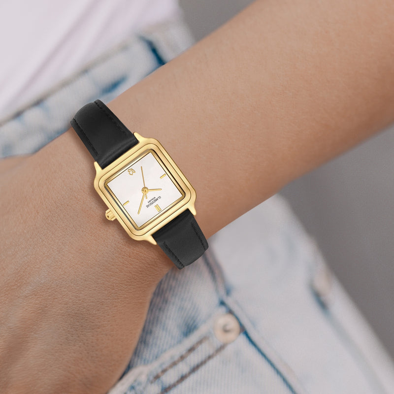 Damen Uhr Maxvorstadt weiß mit Leder-Armband schwarz