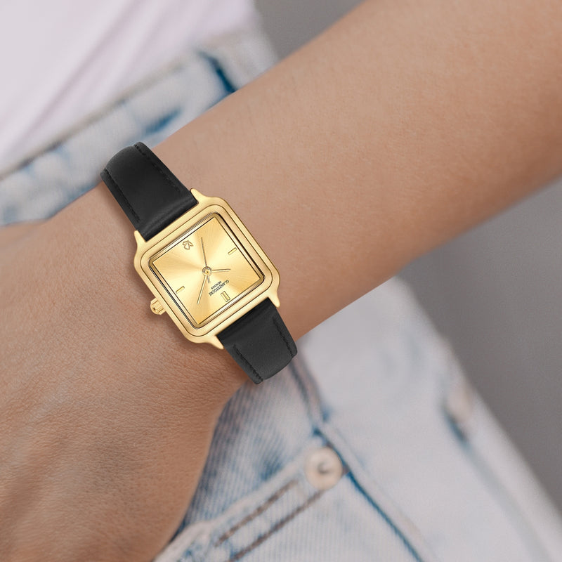 Damen Uhr Maxvorstadt champagner mit Leder-Armband schwarz