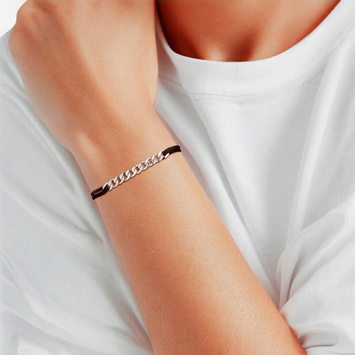 Textilarmband schwarz Panzerkette silber