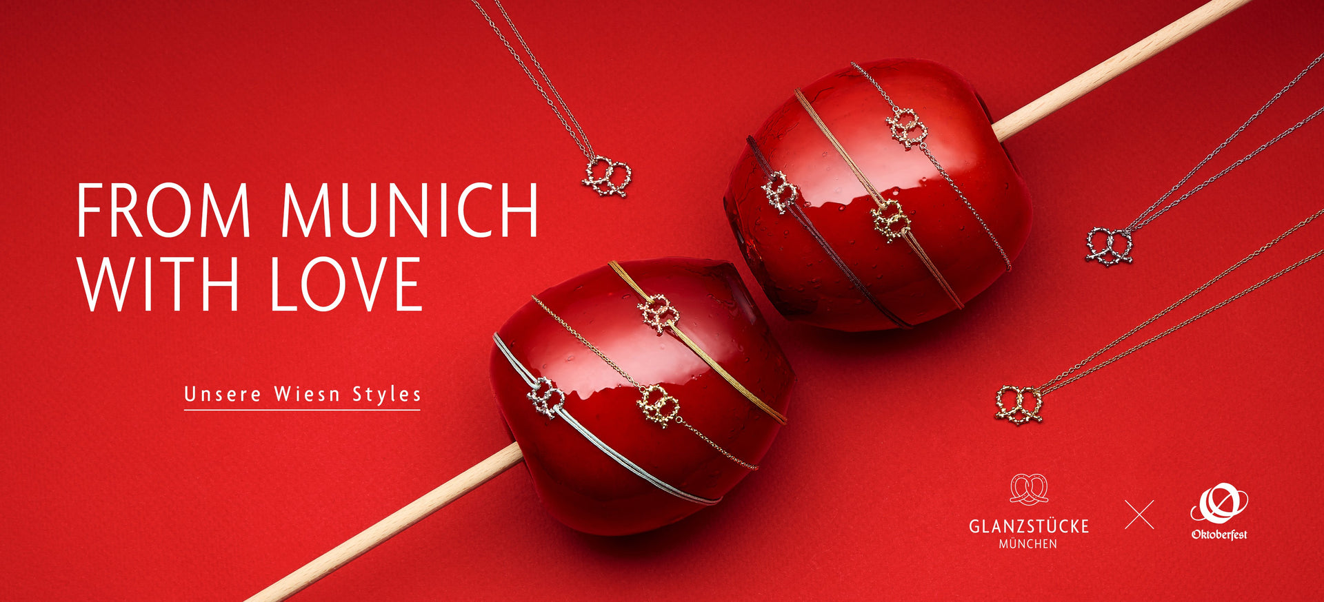 From Munich with Love: Wiesn-Love-Schmuck mit Herz-Brezen-Motiven und Oktoberfest-Lizenzlogo